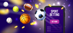 phone with sports betting text and football, basketball, tennis ball